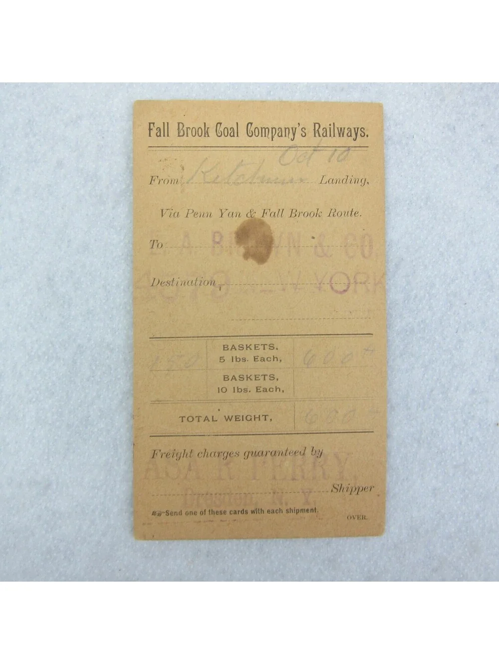 1888 Grapes Rate Card Syracuse Geneva & Corning Railway Fall Brook Route NY RARE
